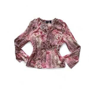 INC 100% silk y2k paisley sheer longsleeve fairy boho festival top 12p‎